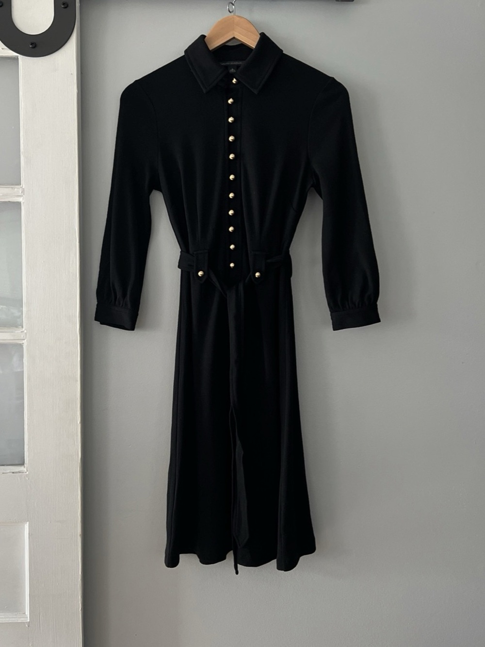 Banana Republic 3/4 Sleeve Black 100% Wool Midi Shirt Dress Size Small